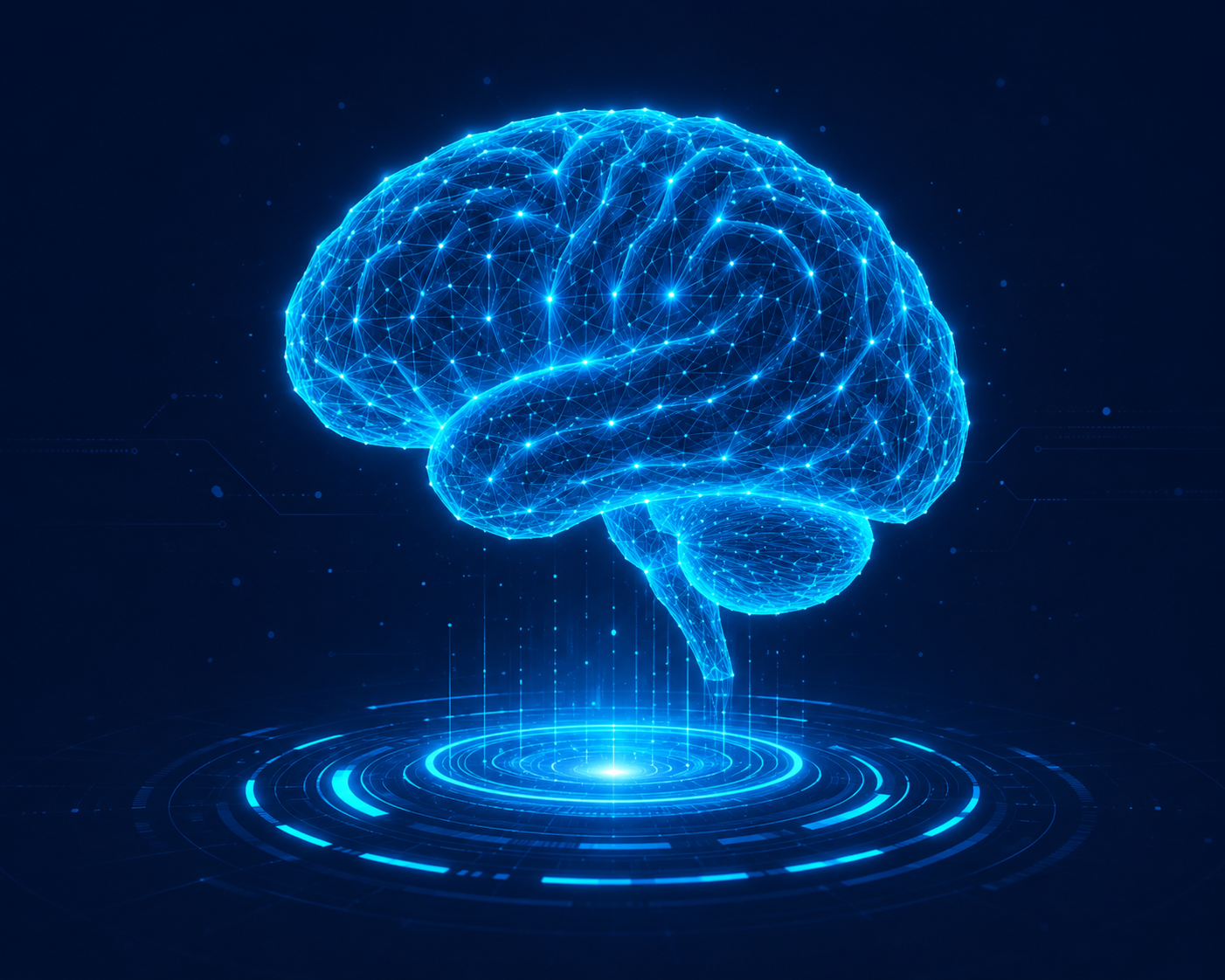 Cerebro digital holográfico sobre una plataforma luminosa que representa la inteligencia y la tecnología aplicada