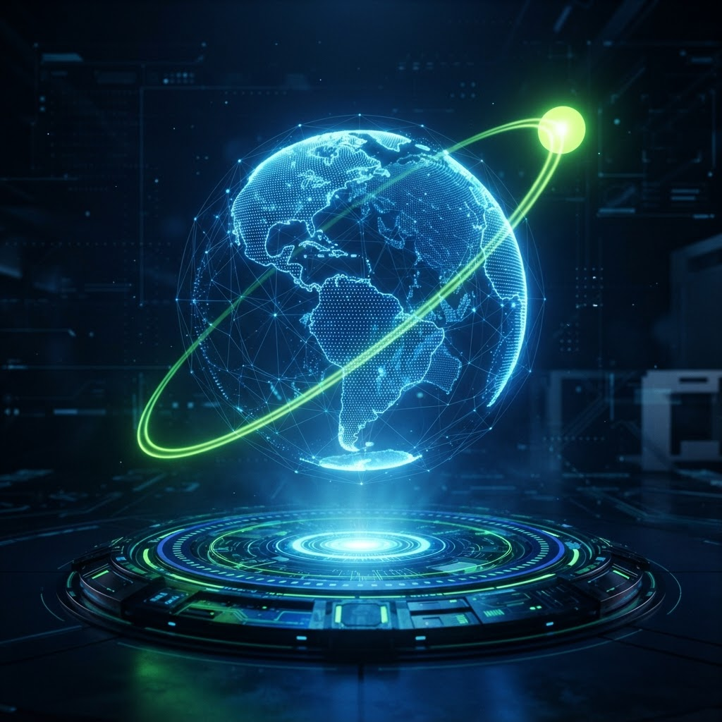 Globo terráqueo digital rodeado por una órbita luminosa que representa soluciones tecnológicas globales